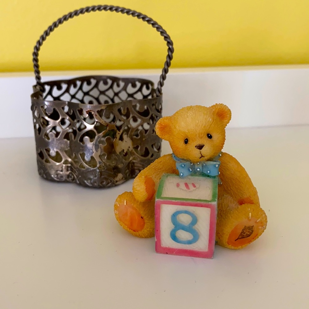 VTG Enesco Cherished Teddies Baby Boy Bear Figurine w/ silver basket #302910